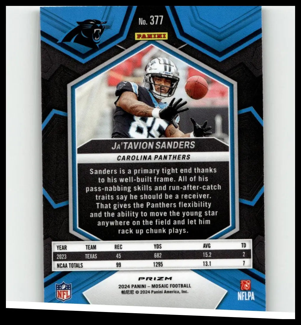Blue and black hexagonal-bordered panini mosaic football trading card featuring ja’tavion sanders mosaic green