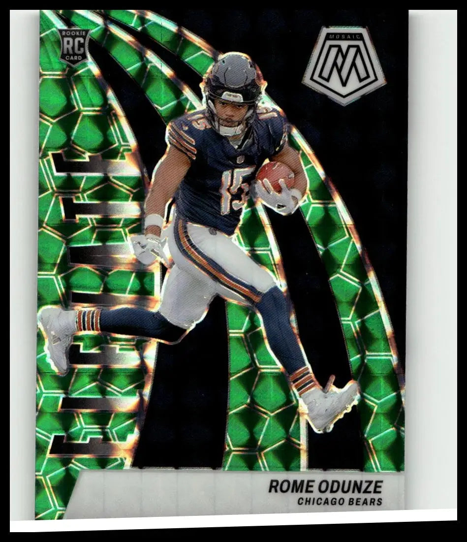 Chicago bears rookie RC card featuring Rome Odunze in navy jersey and black helmet on vibrant green mosaic background