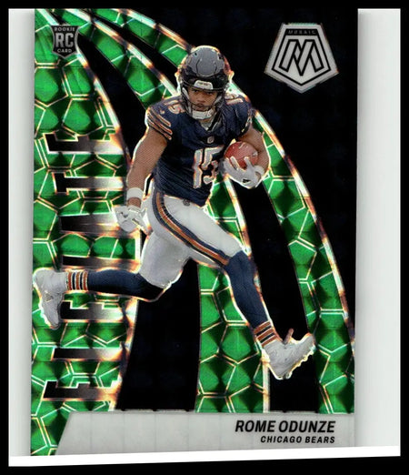 Chicago bears rookie RC card featuring Rome Odunze in navy jersey and black helmet on vibrant green mosaic background