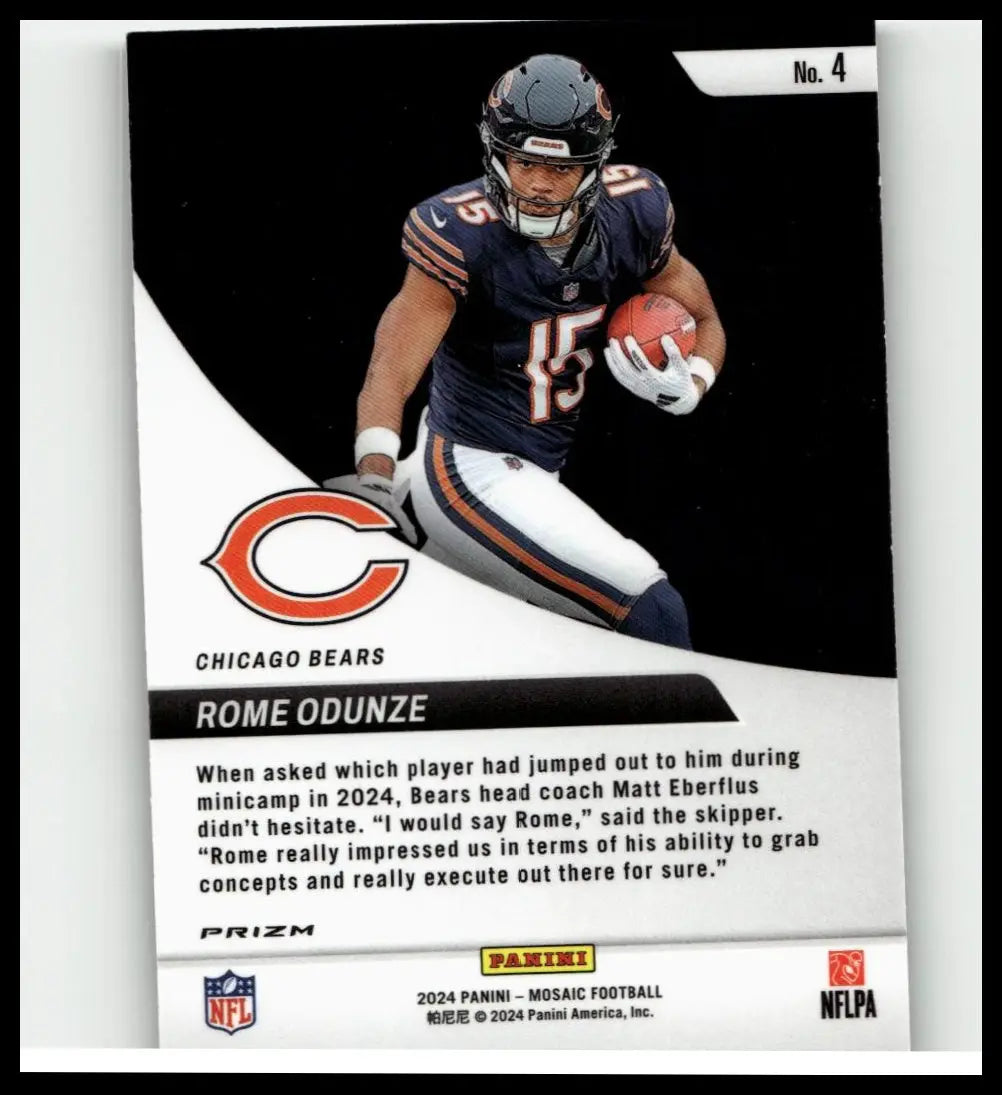 Chicago bears football card 2024 Panini Mosaic #4 featuring Rome Odunze in navy blue orange uniform holding red football Odunze Elevate Mosaic