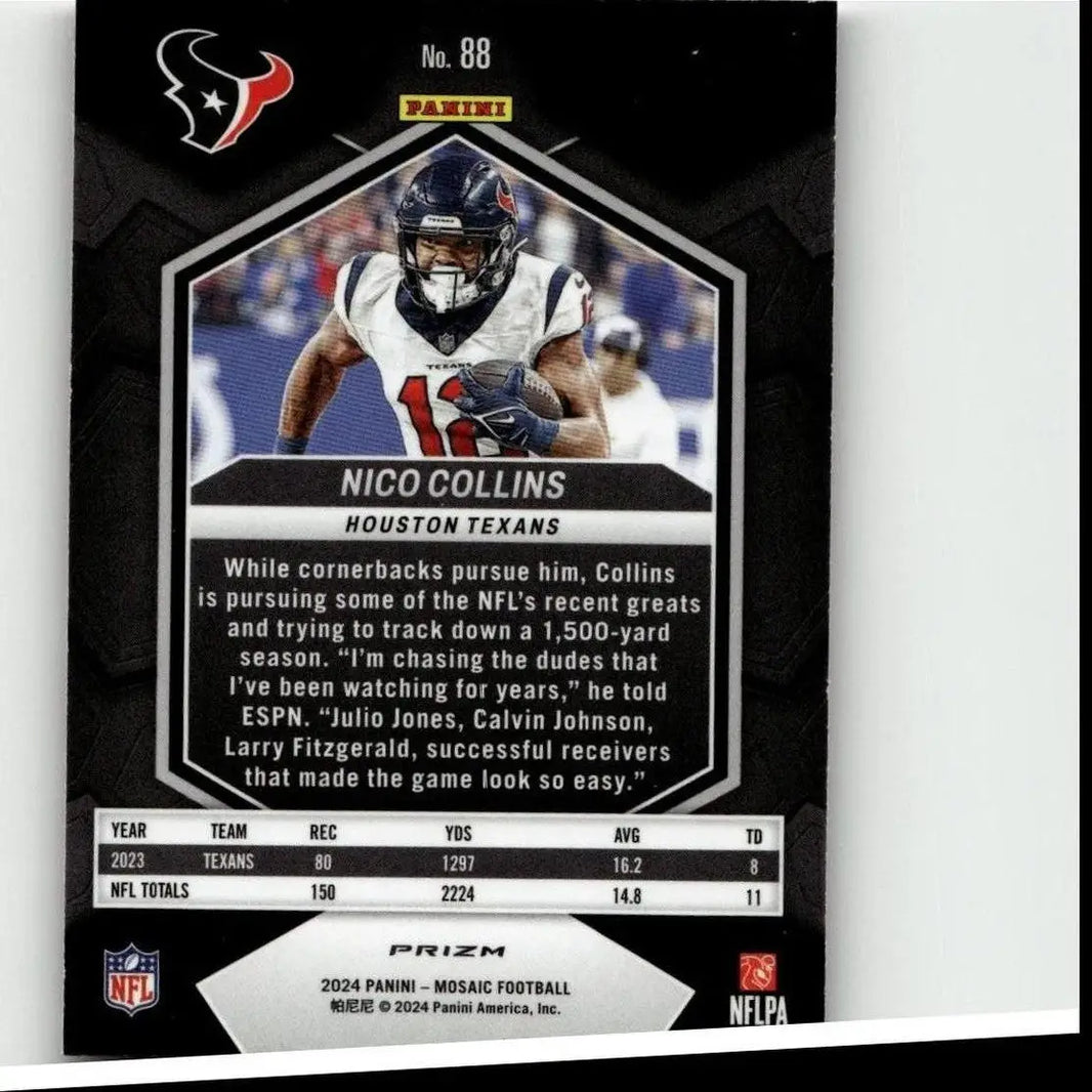 Black and silver hexagonal 2024 panini mosaic football trading card featuring nico collins mosaic camo pink design in white jersey