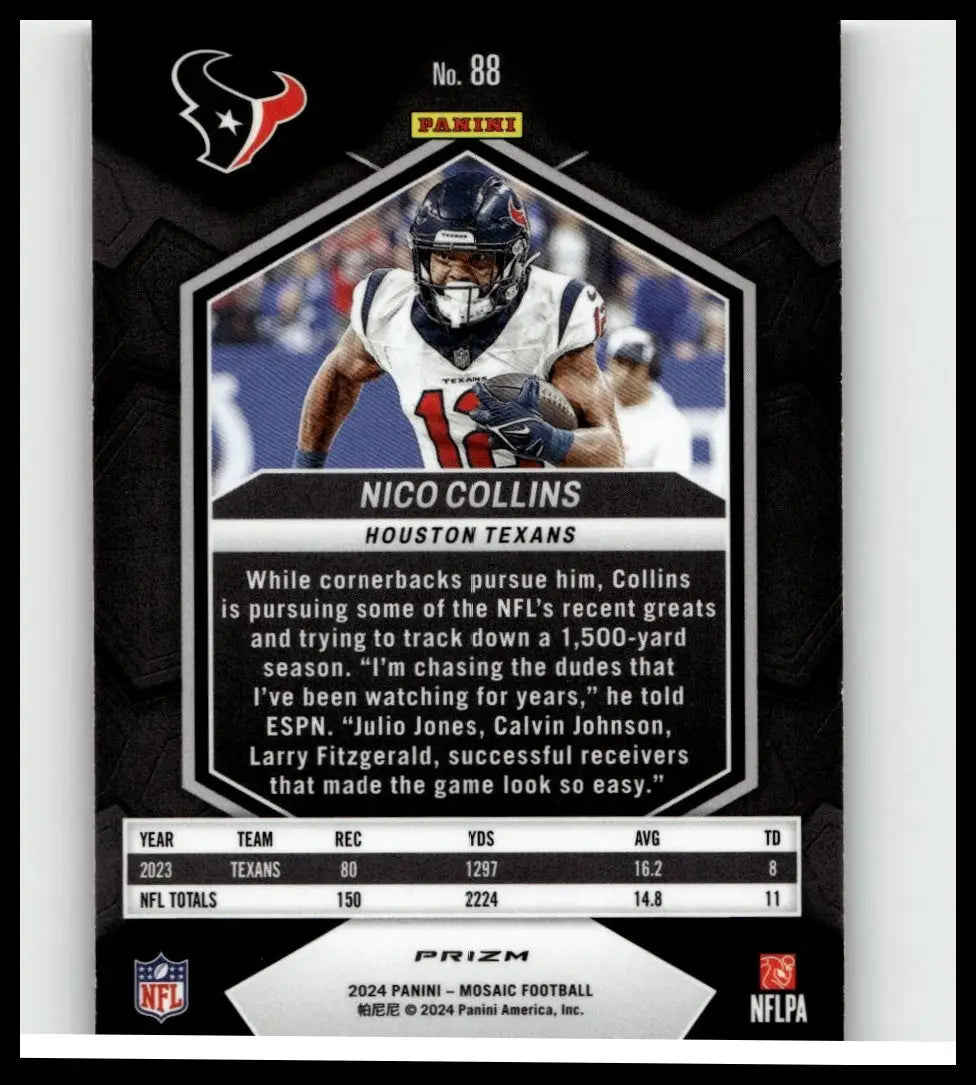 Black and white 2024 panini mosaic football trading card featuring nico collins in white jersey holding football, nico collins mosaic camo pink