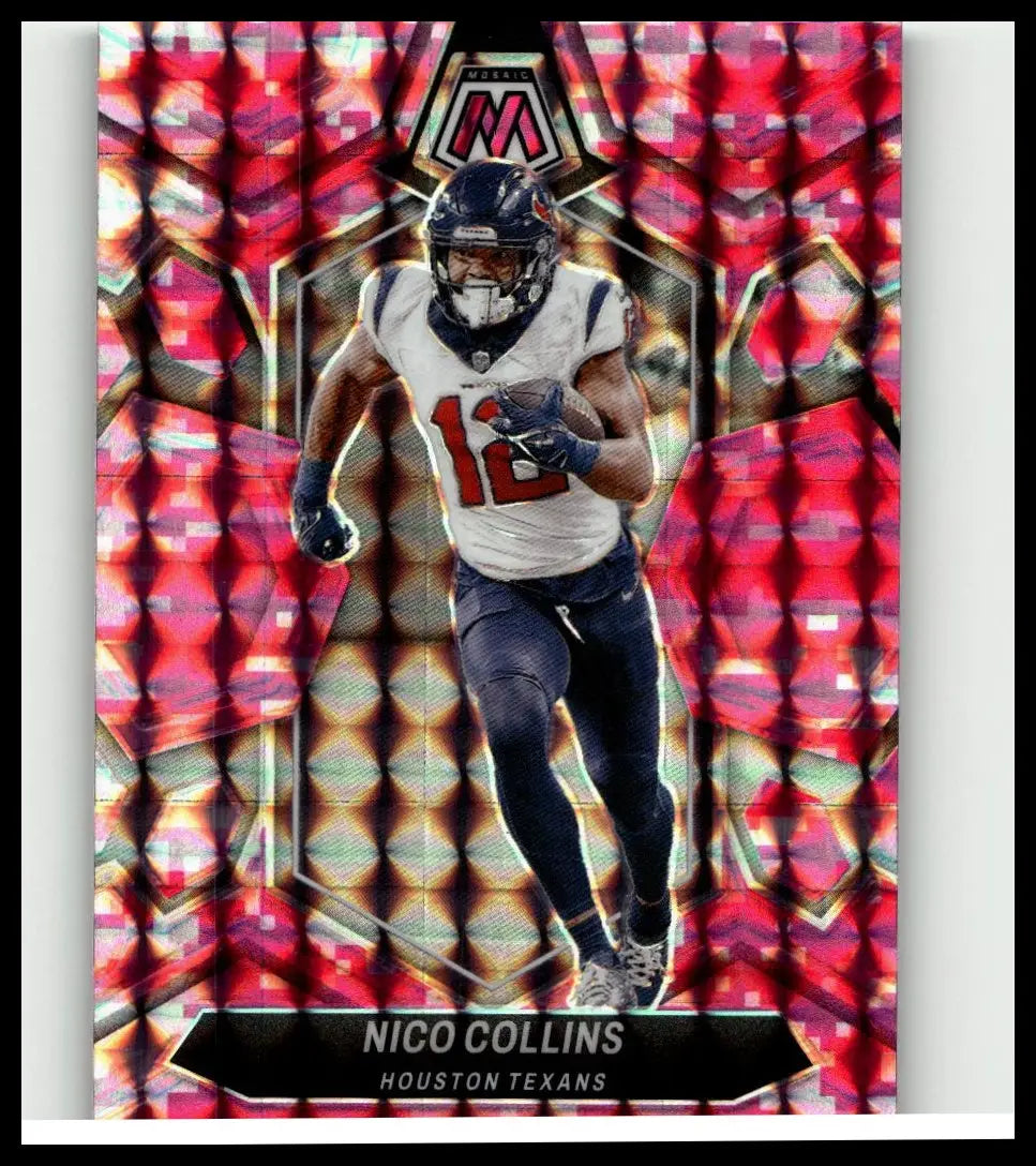 A vibrant red and pink holographic 2024 panini mosaic nico collins mosaic camo football trading card number 12