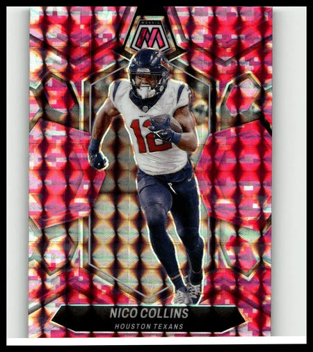 A vibrant red and pink holographic 2024 panini mosaic nico collins mosaic camo football trading card number 12