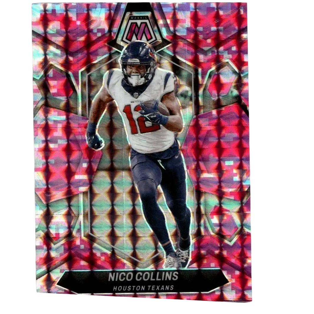 Vibrant red and teal holographic nico collins mosaic trading card from 2024 panini mosaic collins mosaic camo pink series