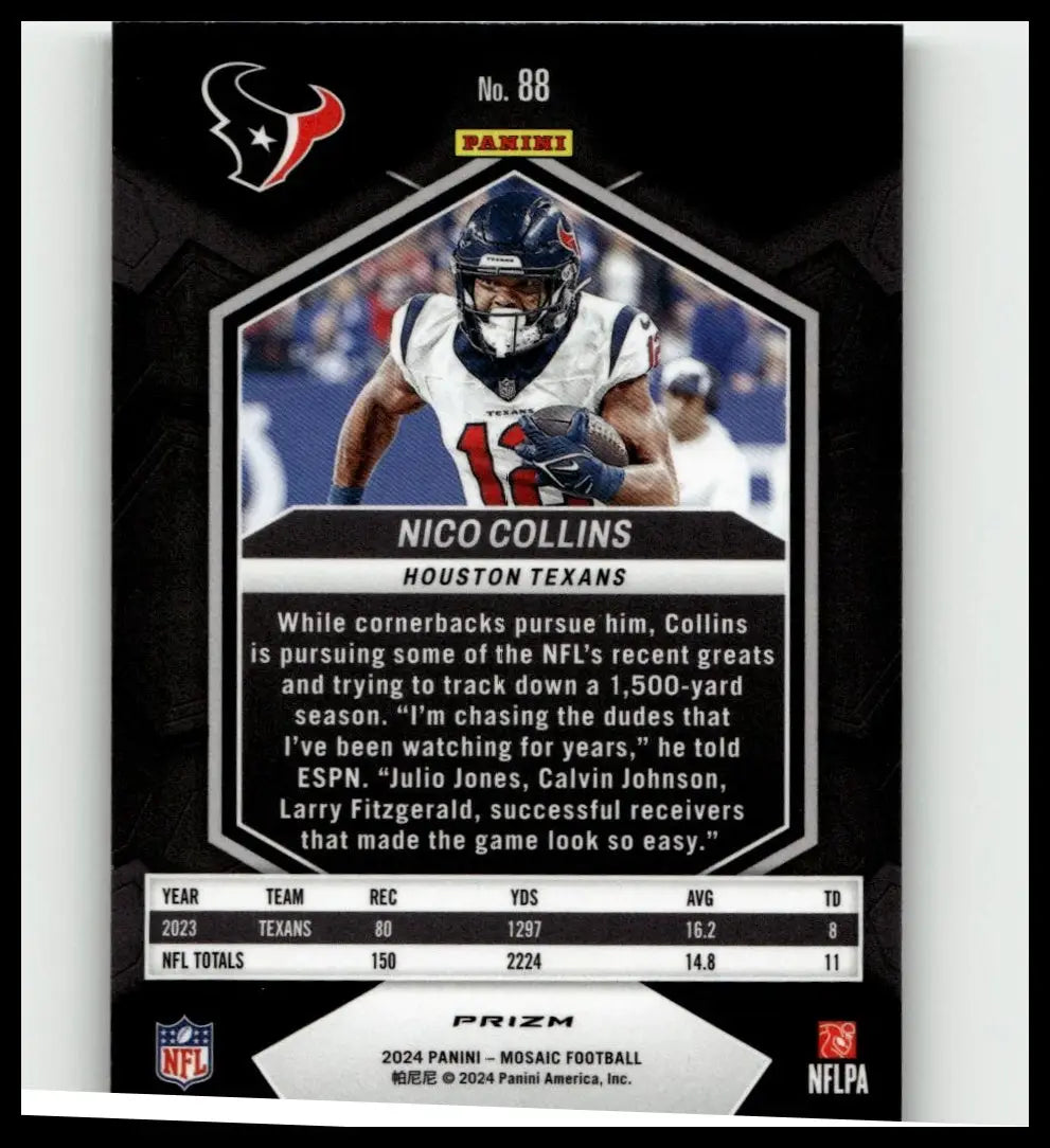 Black and white 2024 panini mosaic nico collins mosaic green football trading card with blue helmet holding ball