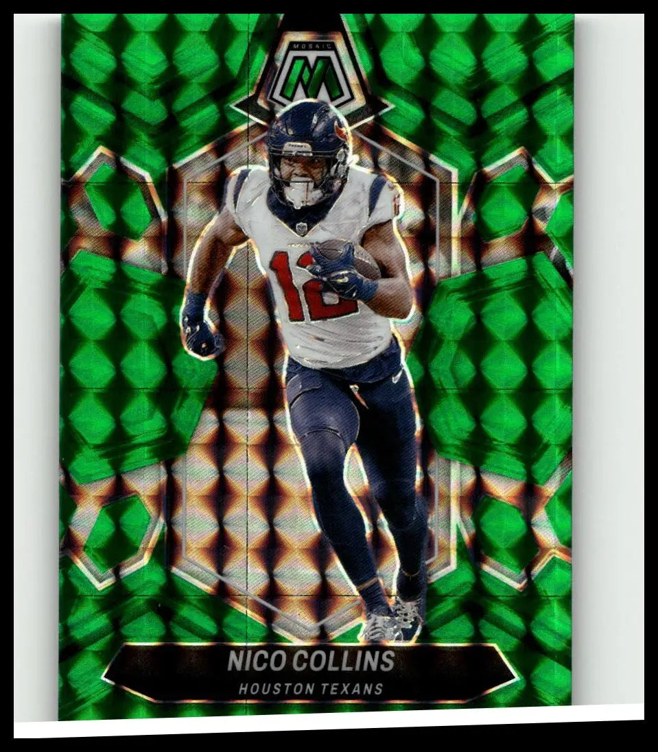 Green holographic football trading card featuring nico collins in houston texans uniform 2024 panini mosaic 88