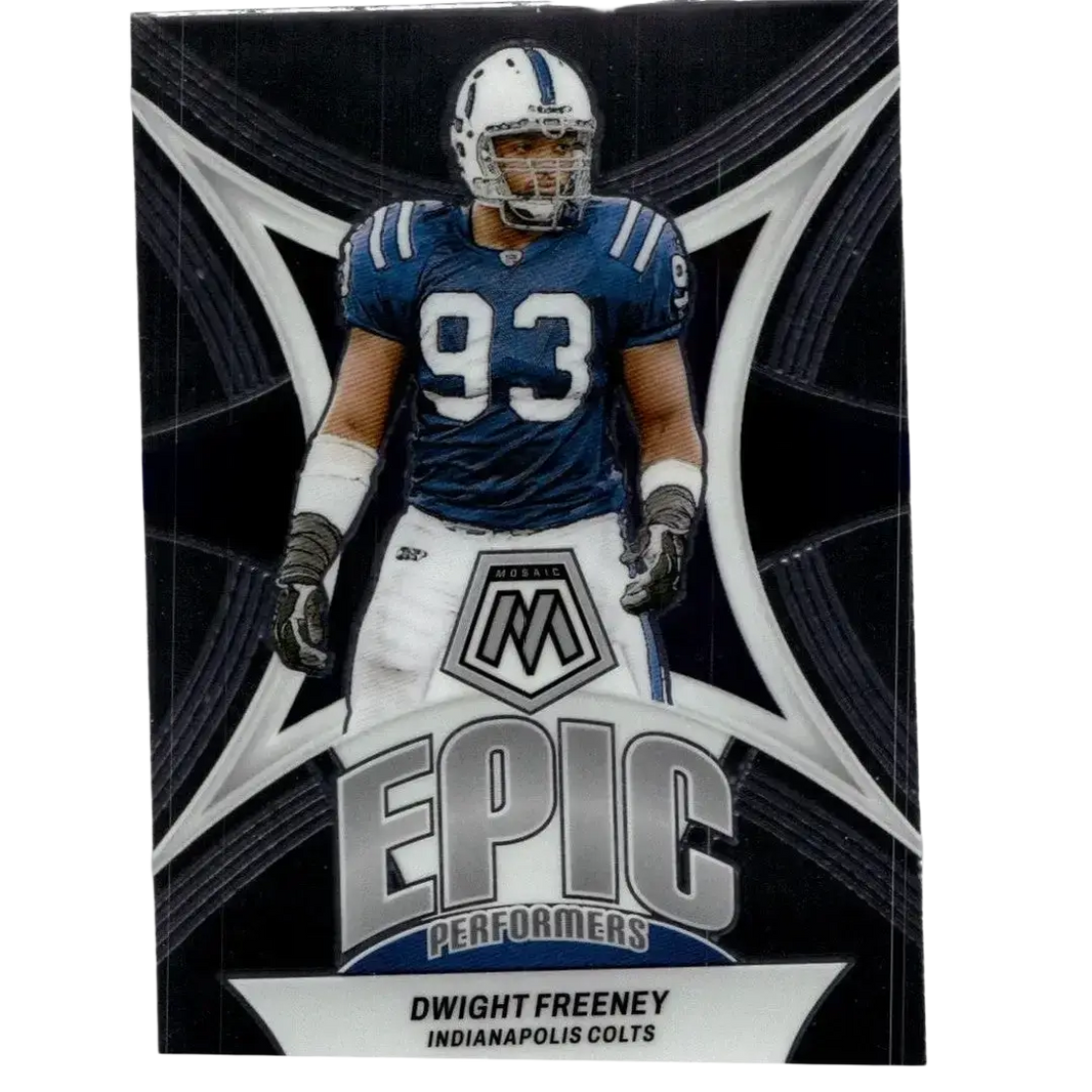 Blue and white indianapolis colts jersey number 93 with stitched design and logo from 2024 panini mosaic dwight freeney epic performers