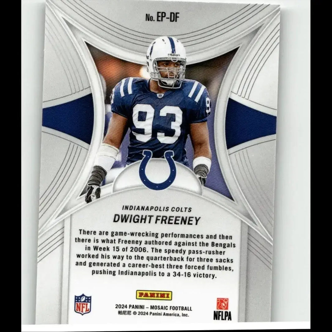 Blue and white panini mosaic football trading card featuring dwight freeney epic performers in number 93 jersey