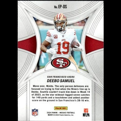 San francisco 49ers football player deebo samuel, wearing a white jersey with red and gold accents.