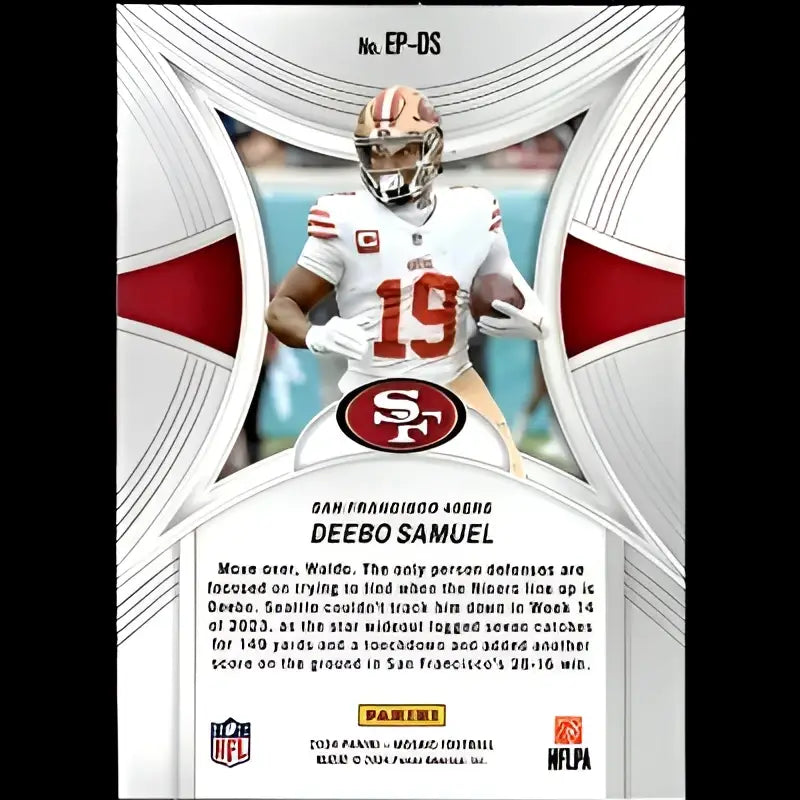 San francisco 49ers football player deebo samuel, wearing a white jersey with red and gold accents.