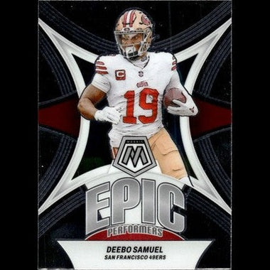 San francisco 49ers player deeb0 samuel in a white jersey with red number 19, wearing gold and black helmet gear.