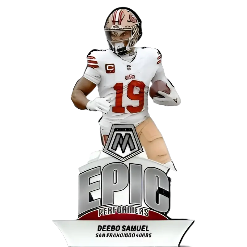 San francisco 49ers player deeb0 samuel in a white jersey with red number 19, wearing gold and black helmet gear.