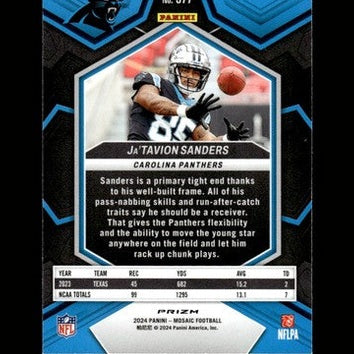 Black and silver football trading card featuring ja’tavion sanders in a carolina panthers uniform.