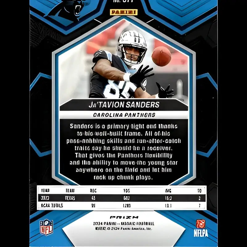 Black and silver football trading card featuring ja’tavion sanders in a carolina panthers uniform.