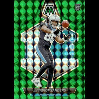 A green holographic football trading card featuring ja’tavion sanders in a black and teal carolina panthers uniform with the number 89, holding an orange football.