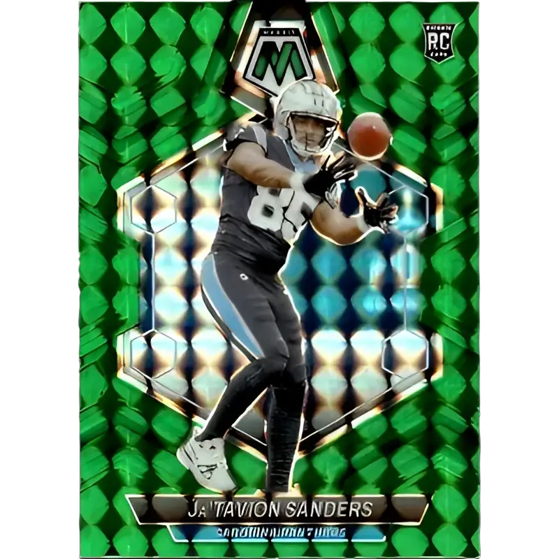A green holographic football trading card featuring ja’tavion sanders in a black and teal carolina panthers uniform with the number 89, holding an orange football.