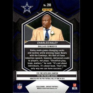 This is a black and silver panini 2024 mosaic football trading card featuring charles haley, showcasing his hall of fame induction speech with text detailing his legacy as a dallas cowboys linebacker.