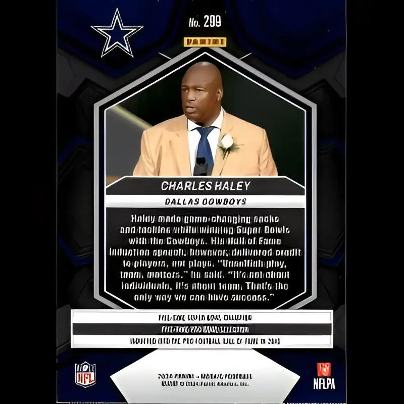 This is a black and silver panini 2024 mosaic football trading card featuring charles haley, showcasing his hall of fame induction speech with text detailing his legacy as a dallas cowboys linebacker.