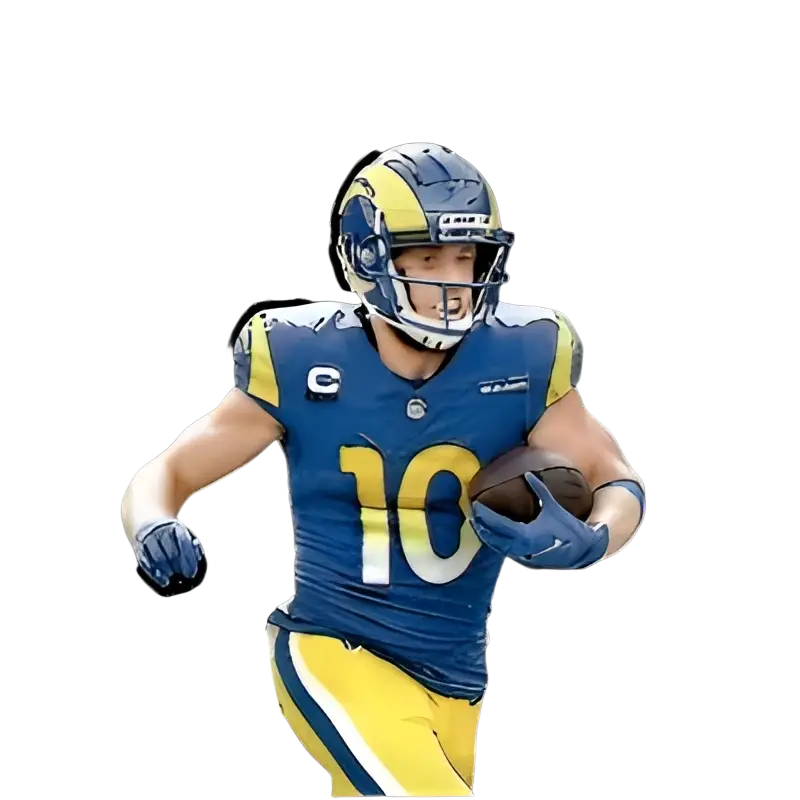 Blue and yellow los angeles rams football jersey with the number 10, worn by cooper kupp on a collectible trading card.