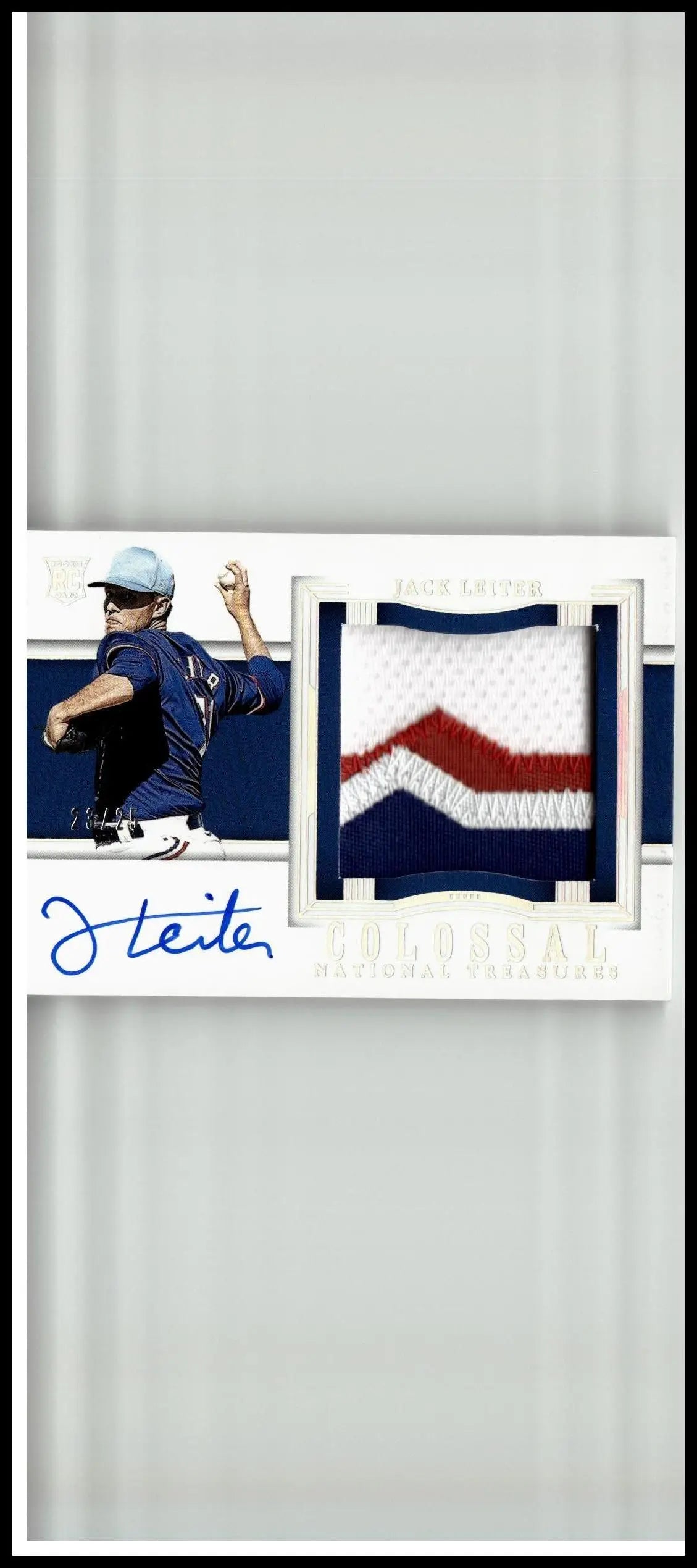 White blue and red baseball jersey swatch autographed card of pitcher zack greinke from panini national treasures
