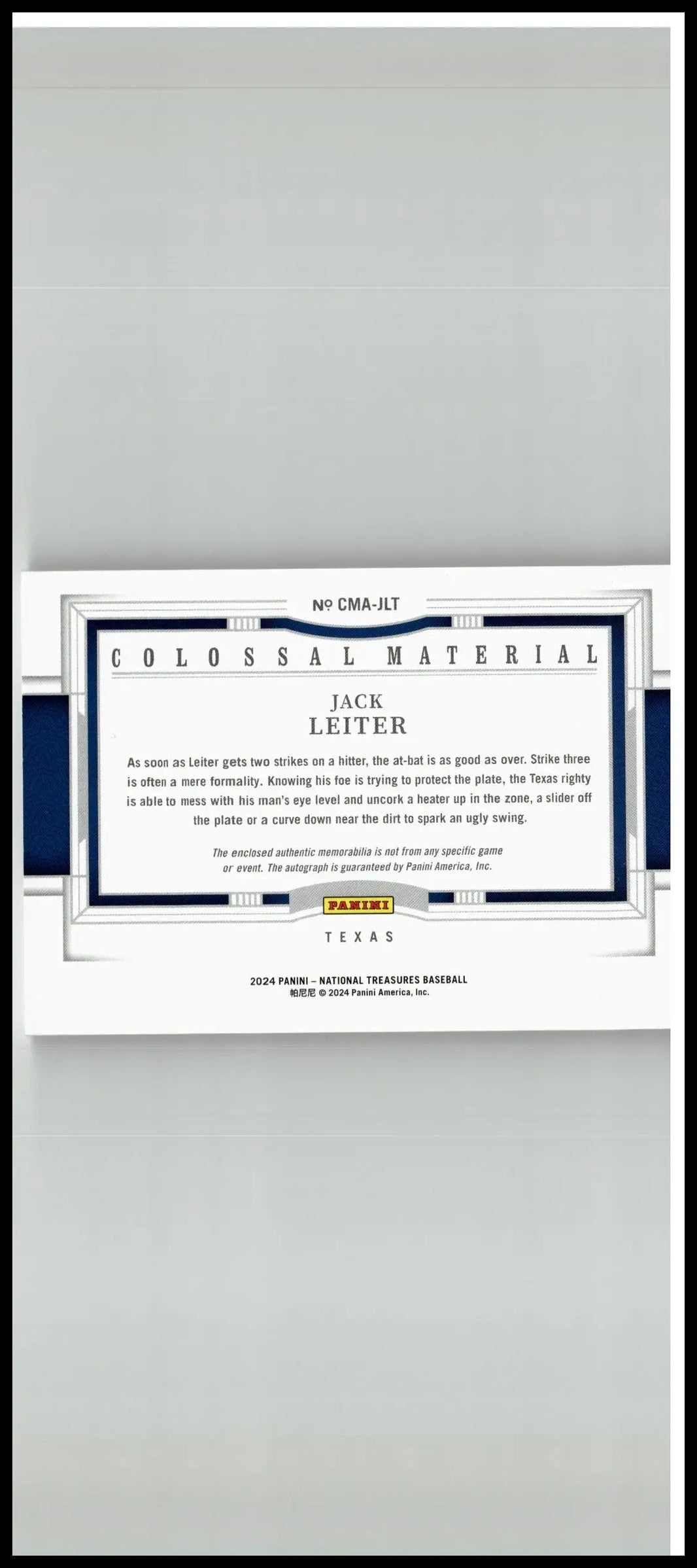 White and navy blue baseball trading card with silver foil accents from panini national treasures featuring jack leiter autographs