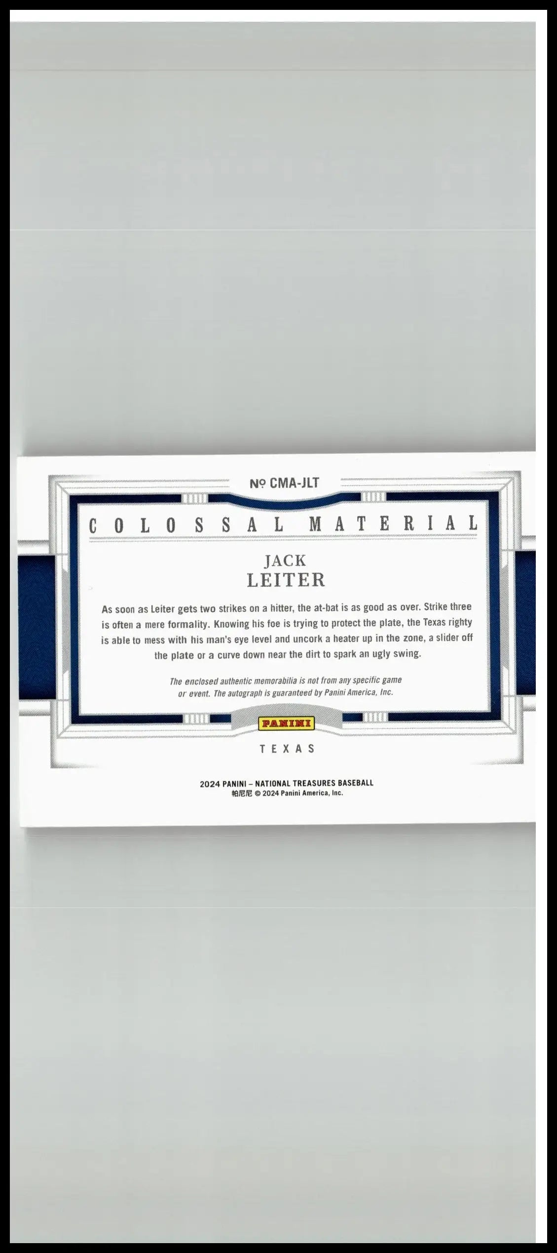 White and navy blue baseball trading card with silver foil accents from panini national treasures featuring jack leiter autographs