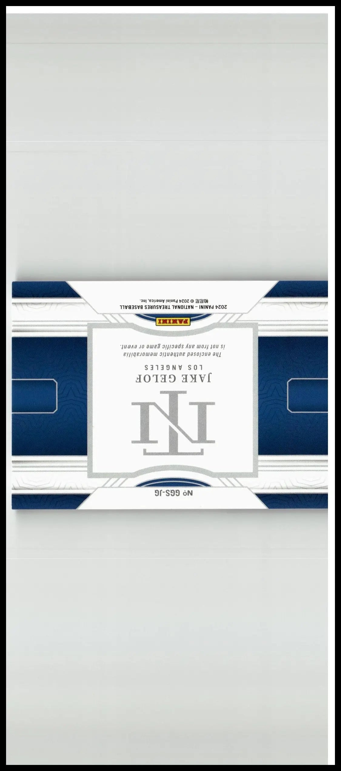 Blue and white panini national treasures baseball card pack featuring silver logo for jake gelof game gear swatches