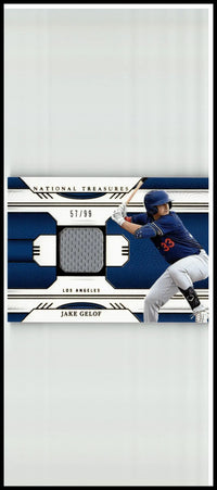Blue and white panini national treasures baseball card featuring jake gelof in action with gray fabric patch game gear swatch