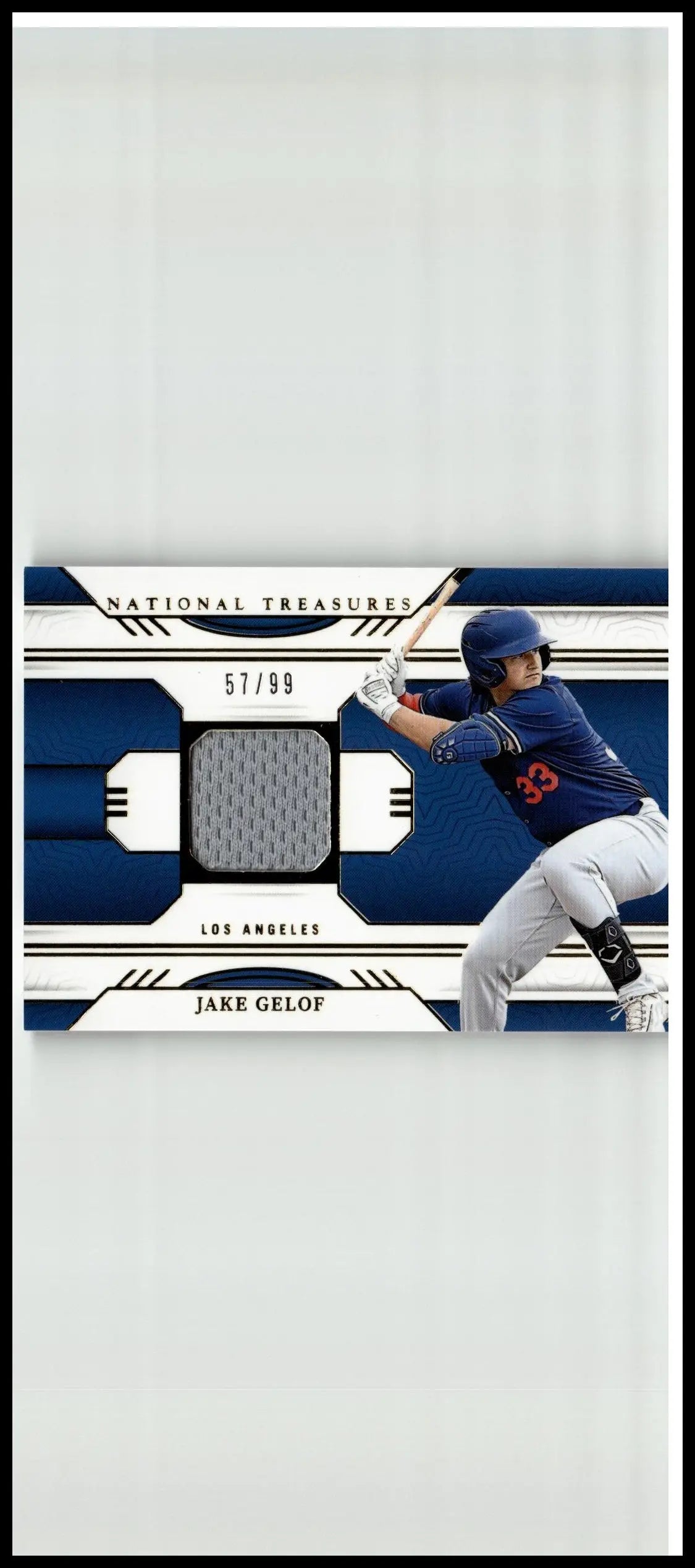 Blue and white panini national treasures baseball card featuring jake gelof in action with gray fabric patch game gear swatch