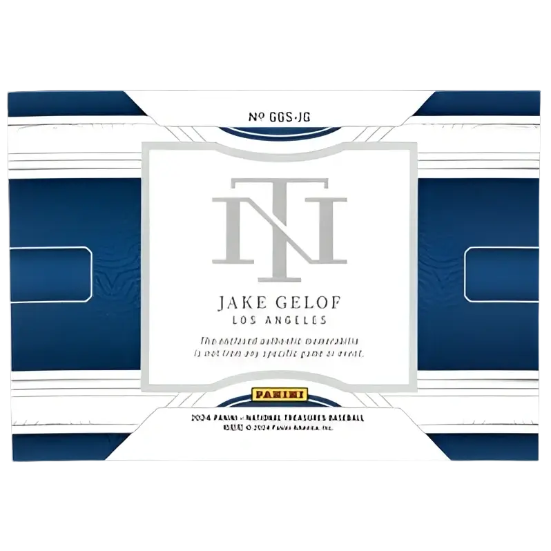 Blue and white panini national treasures baseball trading card pack featuring jake gelof auto los angeles dodgers