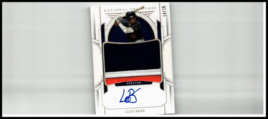 White baseball trading card with black and red design featuring autograph of luis baez from panini national treasures