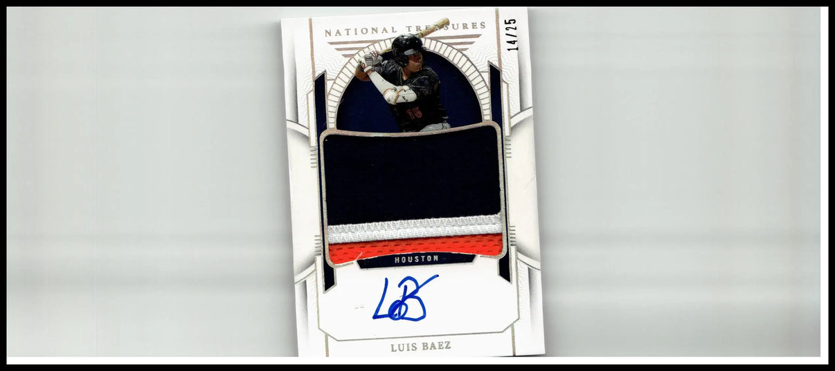 White baseball trading card with black and red design featuring autograph of luis baez from panini national treasures