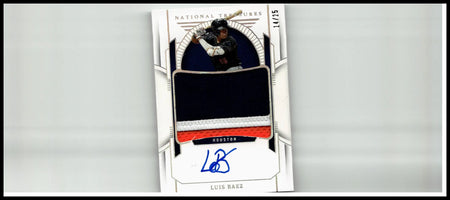 White baseball trading card with black and red design featuring autograph of luis baez from panini national treasures