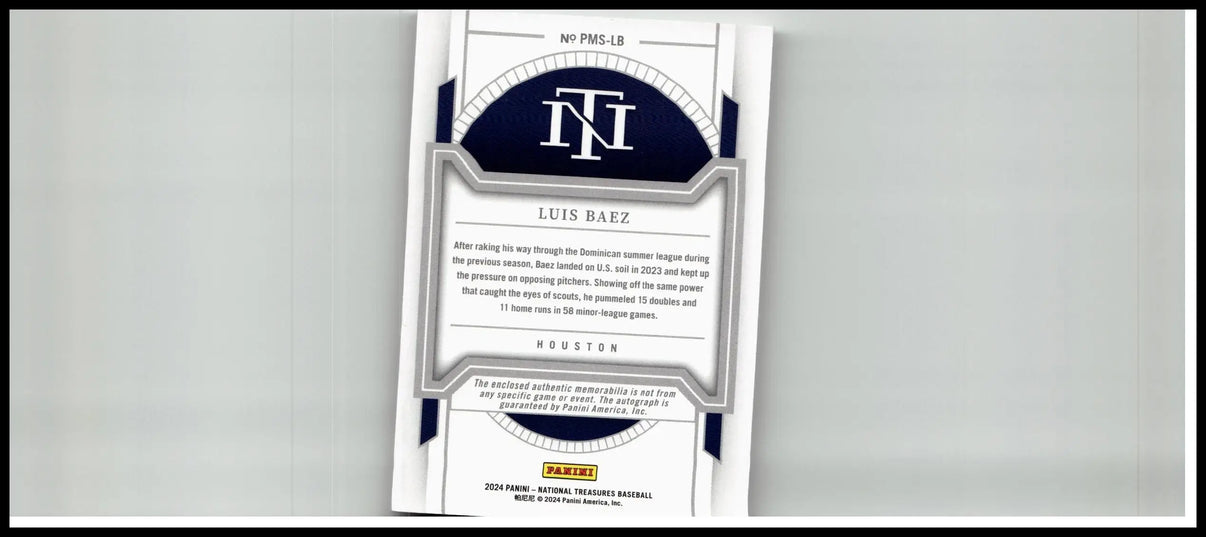 2024 panini national treasures luis baez prospect baseball card with navy blue white design and silver accents limited to 25
