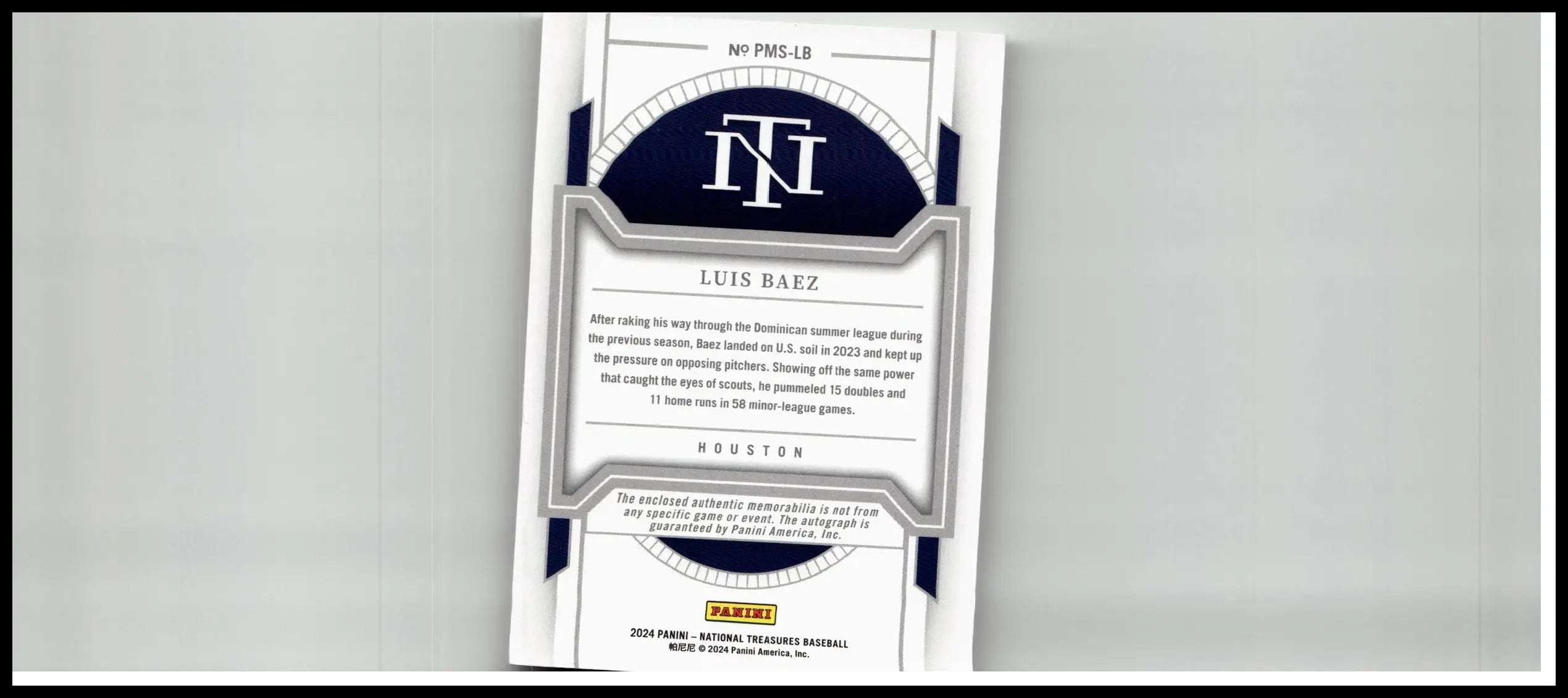 2024 panini national treasures luis baez prospect baseball card with navy blue white design and silver accents limited to 25