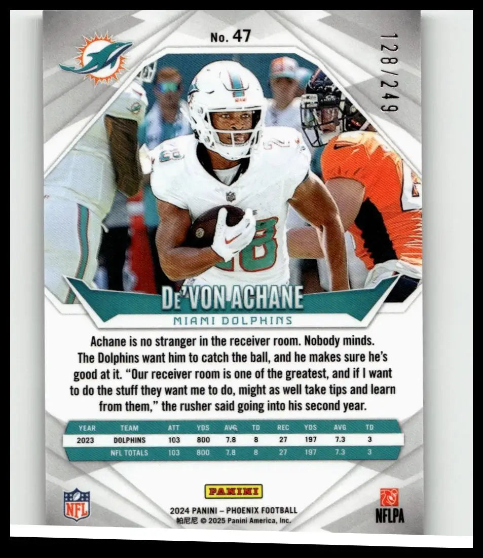 White Miami Dolphins football card featuring DeVon Achane in white teal jersey number 18 from Panini Phoenix achane blue fade