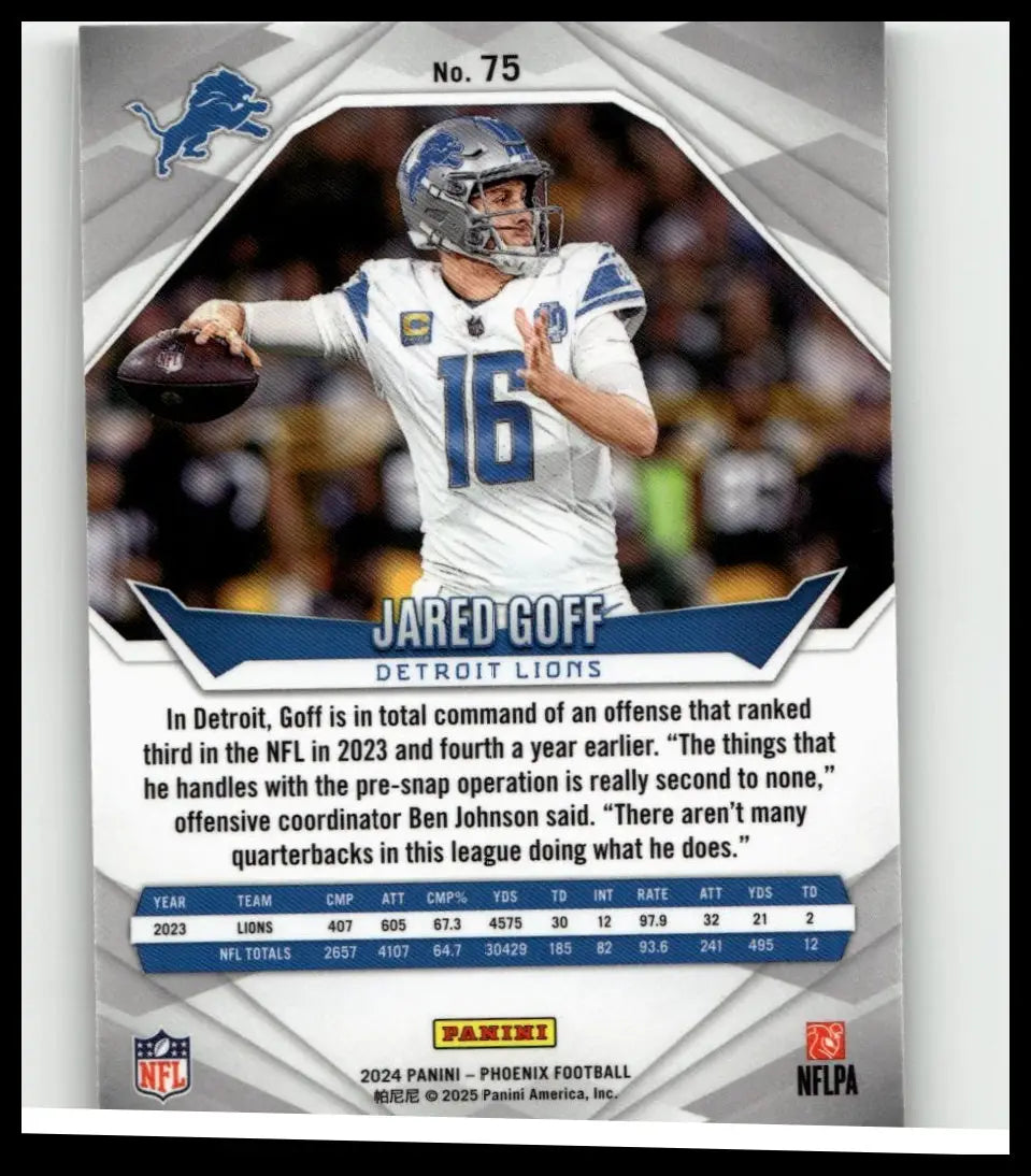 Silver and blue 2024 panini phoenix jared goff silver football card featuring quarterback in number 16 uniform