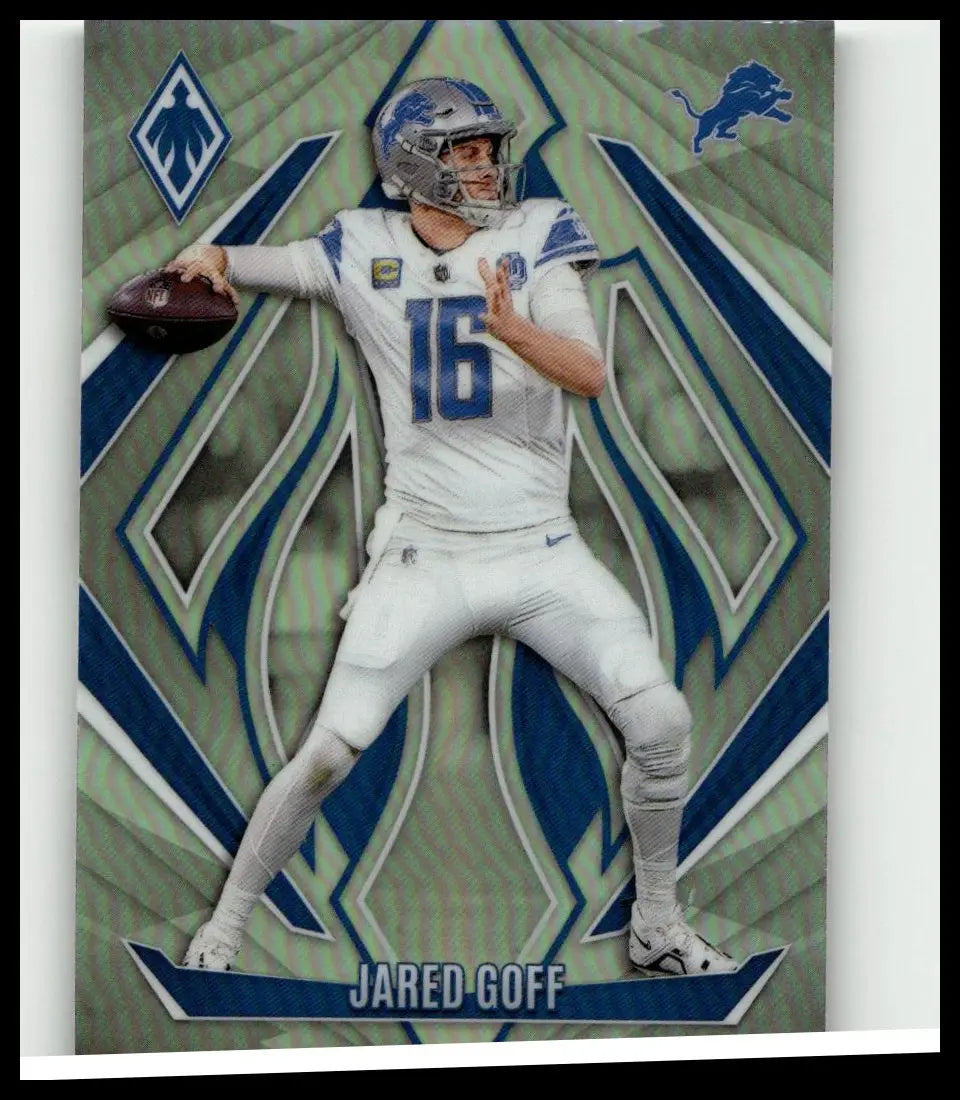 A 2024 Panini Phoenix silver football card featuring Jared Goff in a white Detroit Lions jersey number 16