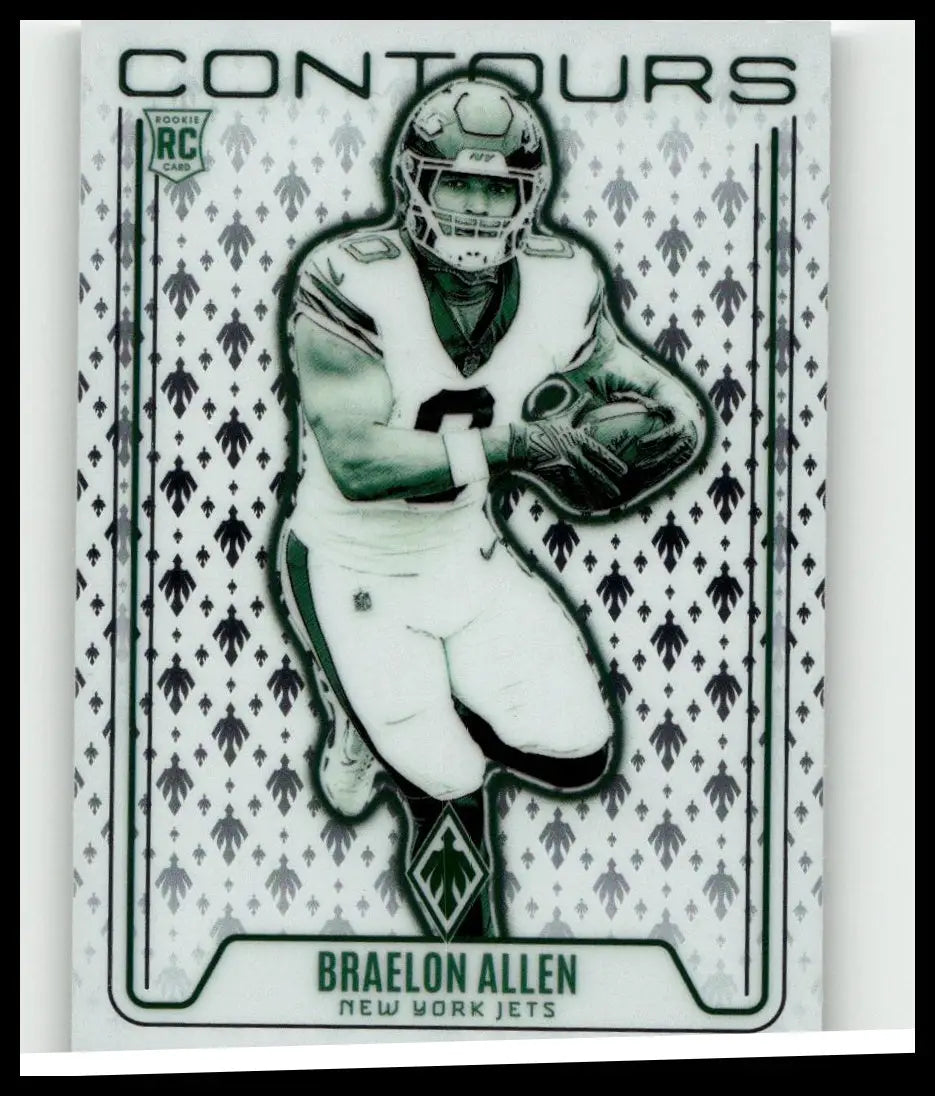 A green and white panini phoenix football trading card featuring braelon allen contours of the new york jets in action