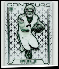 A green and white panini phoenix football trading card featuring braelon allen contours of the new york jets in action