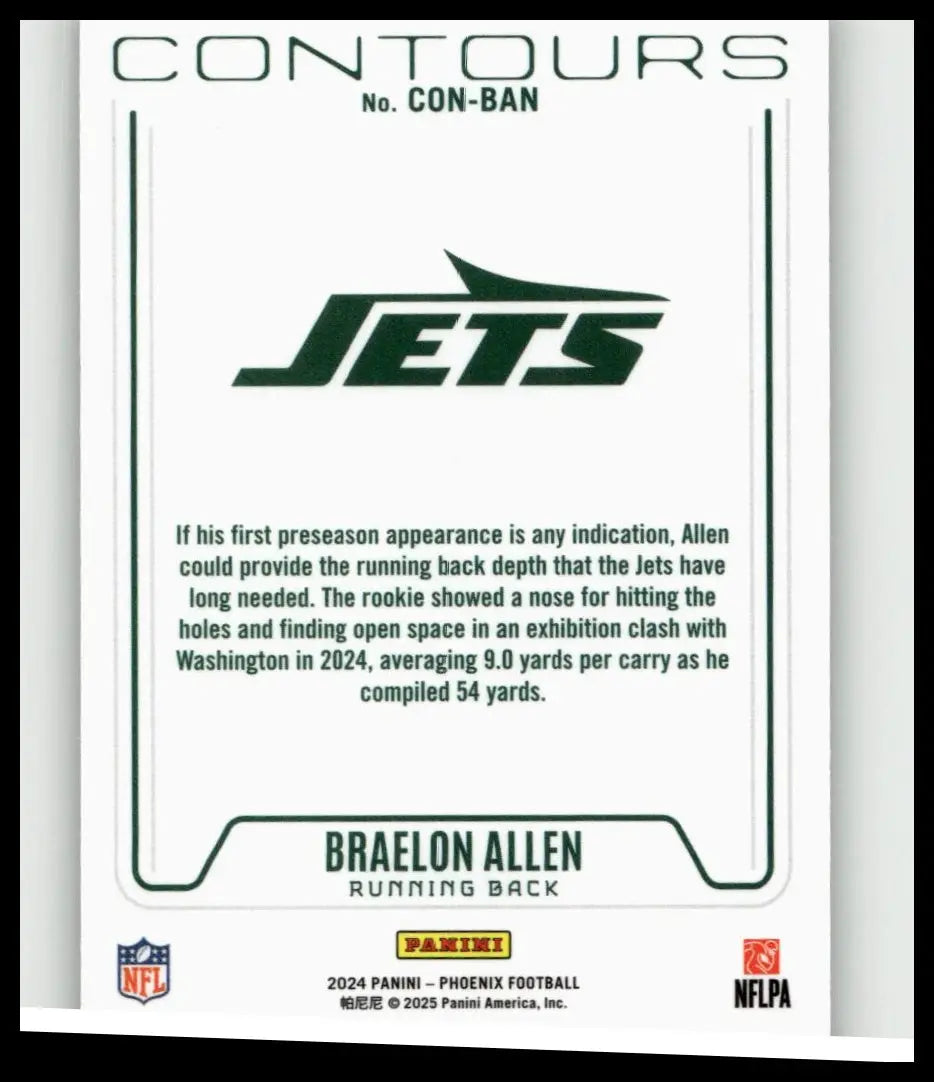 Green and white Panini Phoenix 2024 contours trading card featuring Braelon Allen running back for the Jets