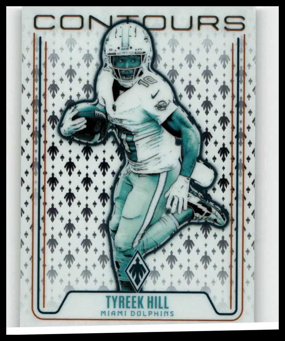 A teal and white illustrated football trading card of tyreek hill in a miami dolphins uniform from panini phoenix 2024 contours