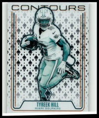 A teal and white illustrated football trading card of tyreek hill in a miami dolphins uniform from panini phoenix 2024 contours