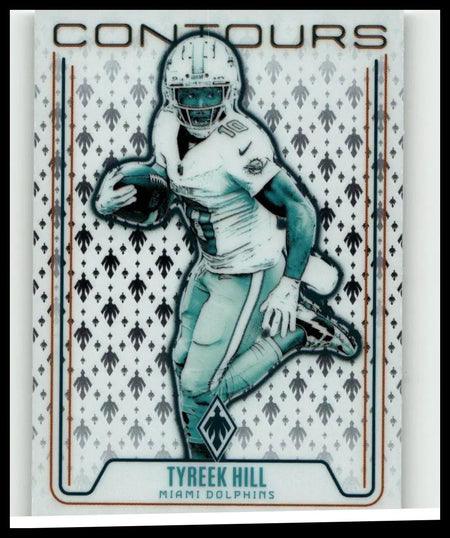 A teal and white illustrated football trading card of tyreek hill in a miami dolphins uniform from panini phoenix 2024 contours