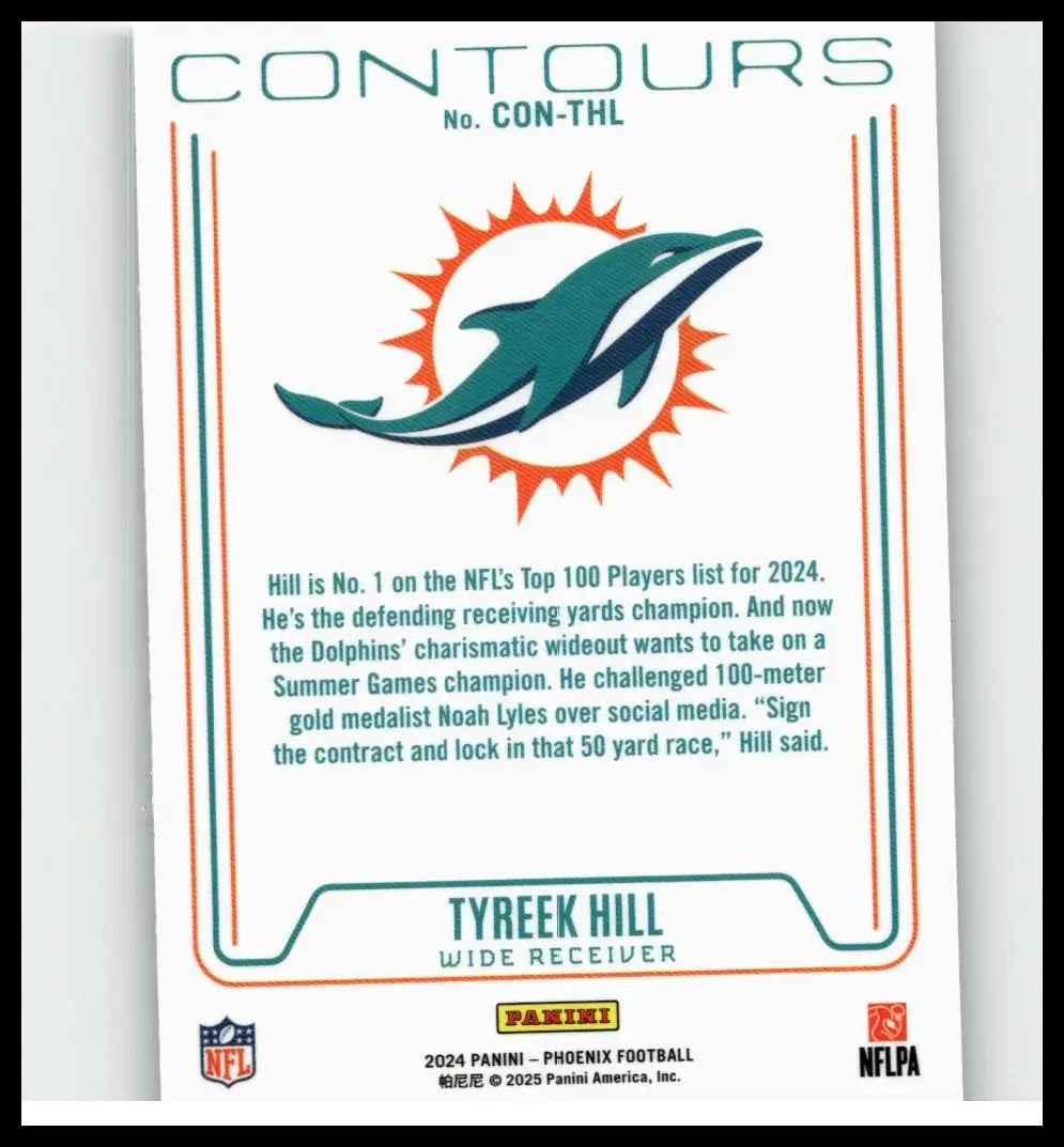 Teal and orange miami dolphins logo on white sports trading card featuring tyreek hill contours from 2024 panini phoenix