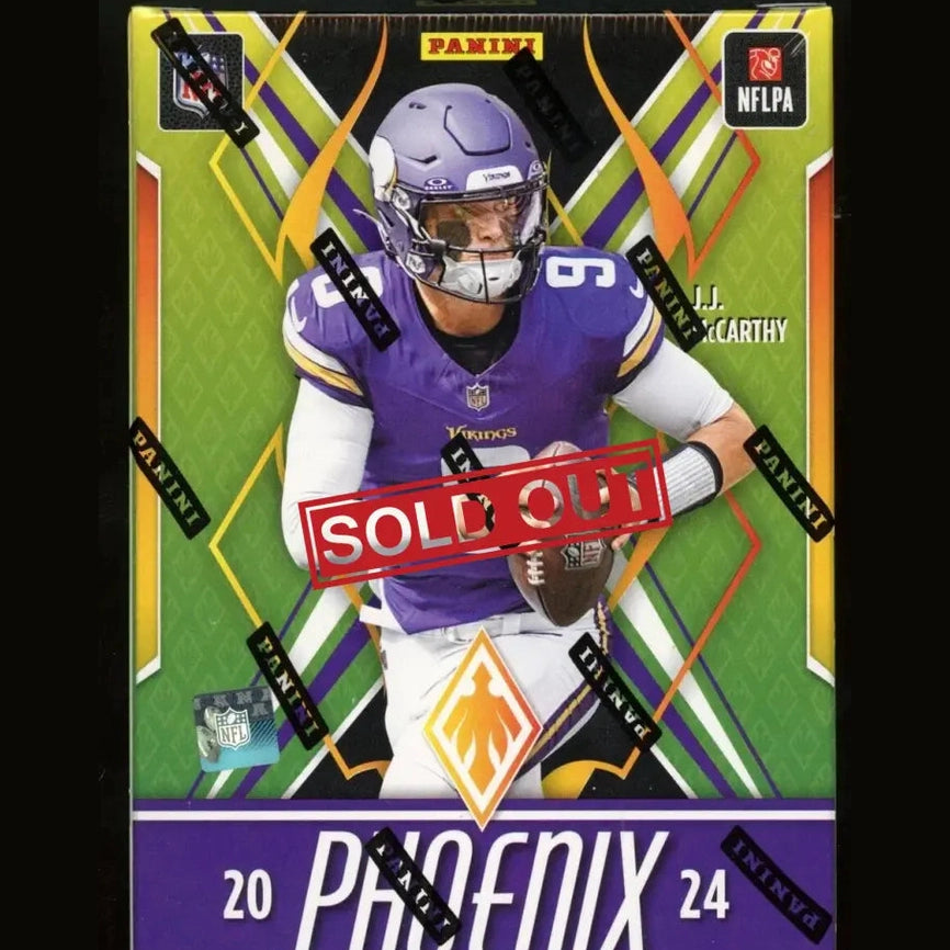 A ’sold out’ Panini Phoenix 2024 NFLPA trading card featuring J.J. McCarthy in a Minnesota Vikings uniform.