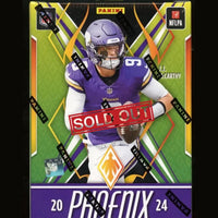 A ’sold out’ Panini Phoenix 2024 NFLPA trading card featuring J.J. McCarthy in a Minnesota Vikings uniform.