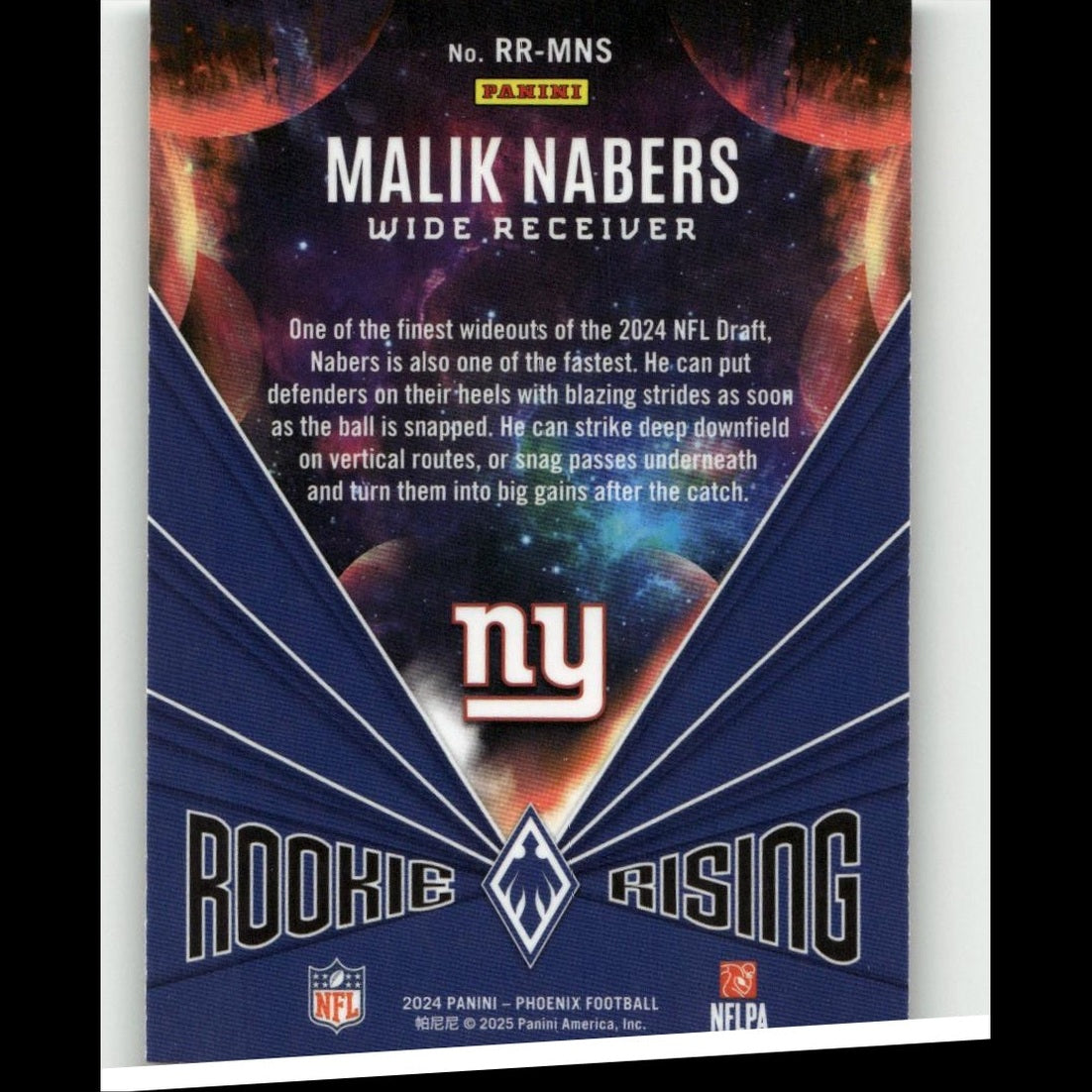 Blue and white ’rookie rising’ nfl trading card featuring malik nabers, wide receiver for the new york giants.
