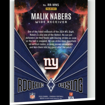 Blue and white ’rookie rising’ nfl trading card featuring malik nabers, wide receiver for the new york giants.